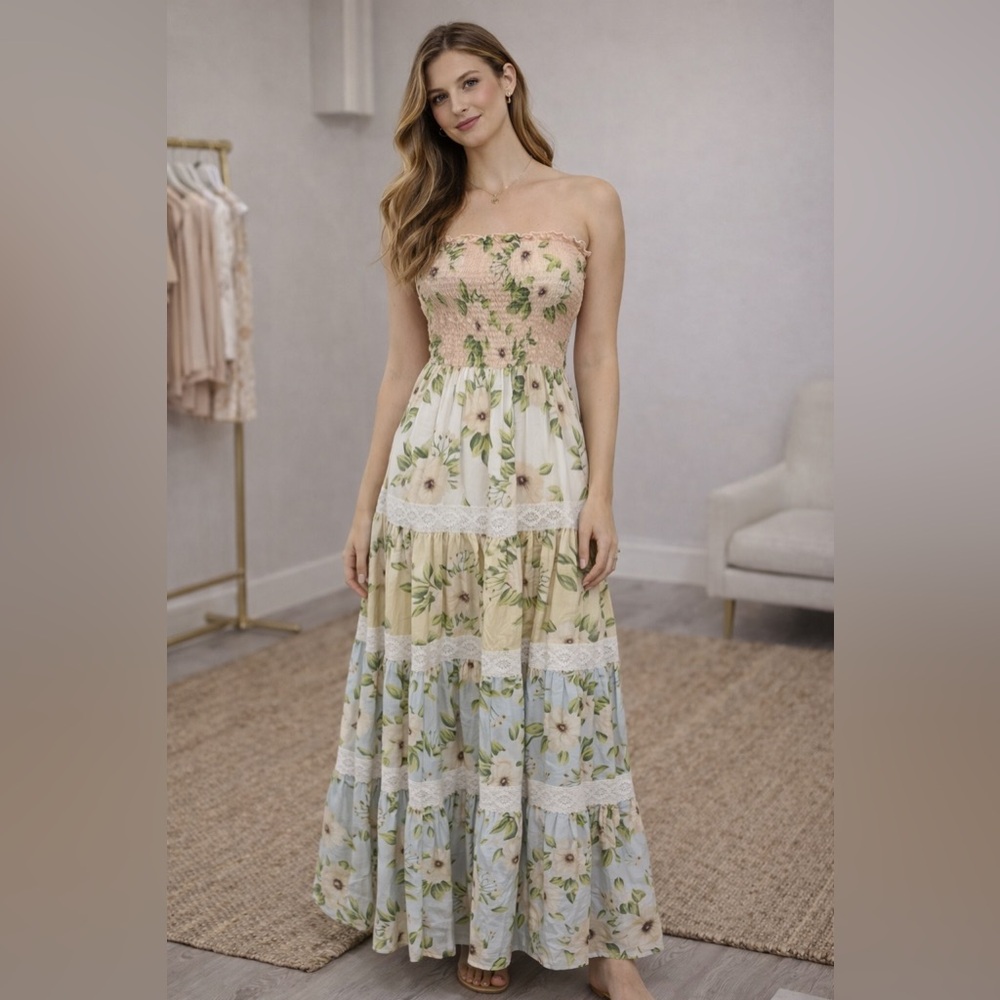 KIWI & PUNCH‎ Floral Strapless Maxi Dress With Lace Large